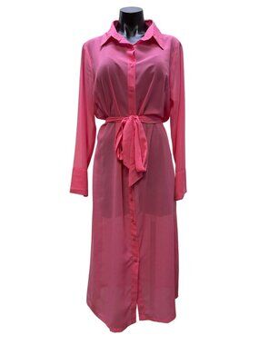 NWT Pia Rossini Sheer Belted Button-Up Pink Shirt Dress M